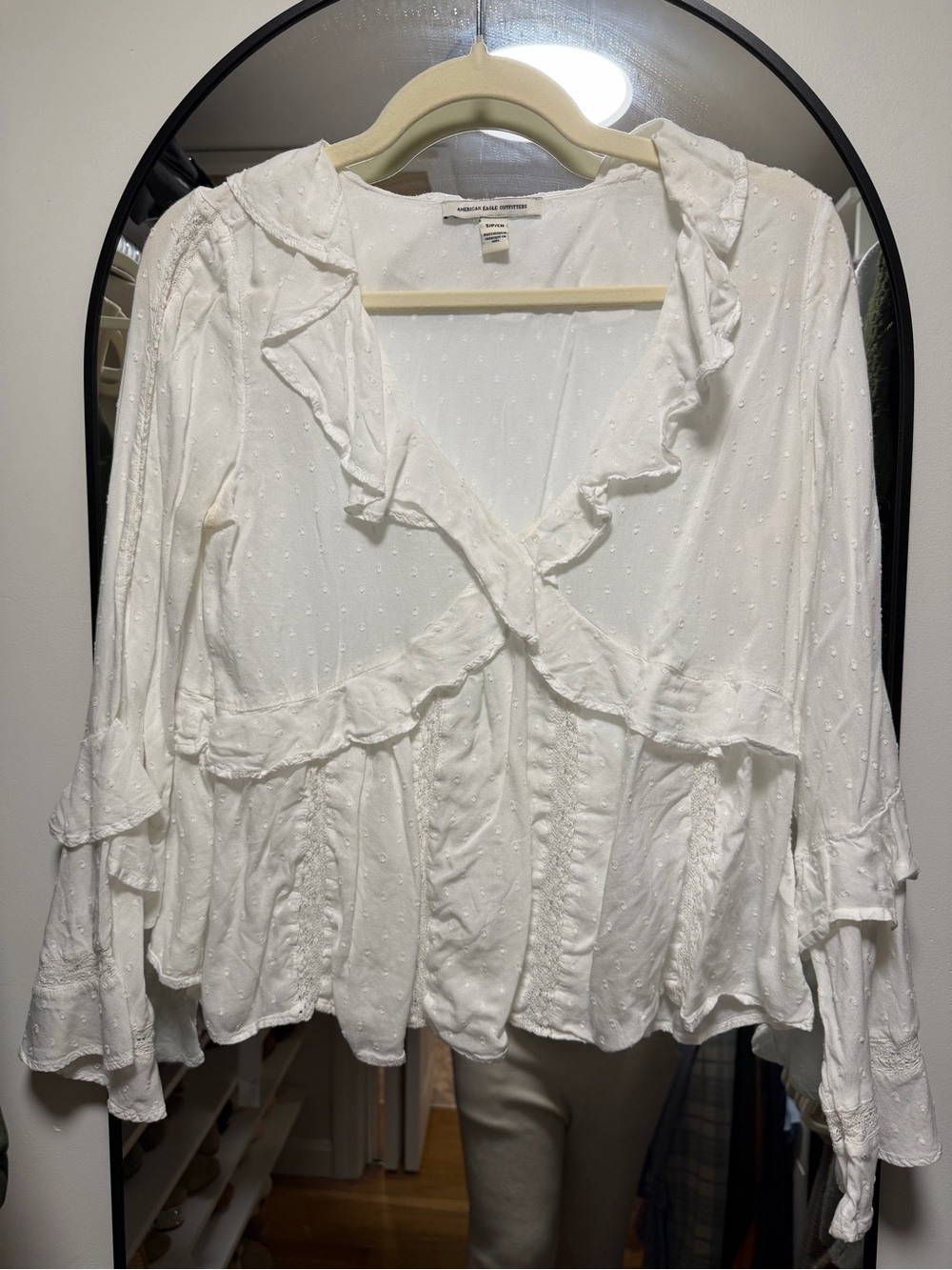 American Eagle Outfitters White Ruffle Swiss Dot Peplum Blouse